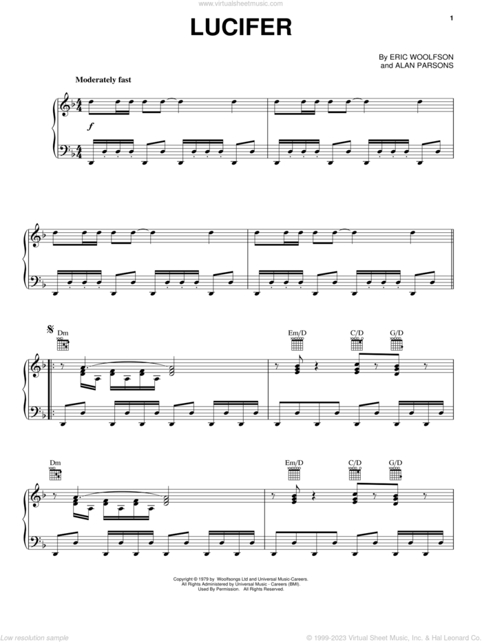 Lucifer sheet music for voice, piano or guitar by Alan Parsons Project, Alan Parsons and Eric Woolfson, intermediate skill level