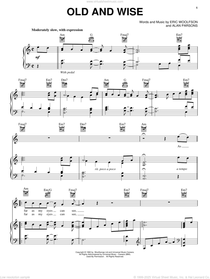 Old And Wise sheet music for voice, piano or guitar by Alan Parsons Project, Alan Parsons and Eric Woolfson, intermediate skill level