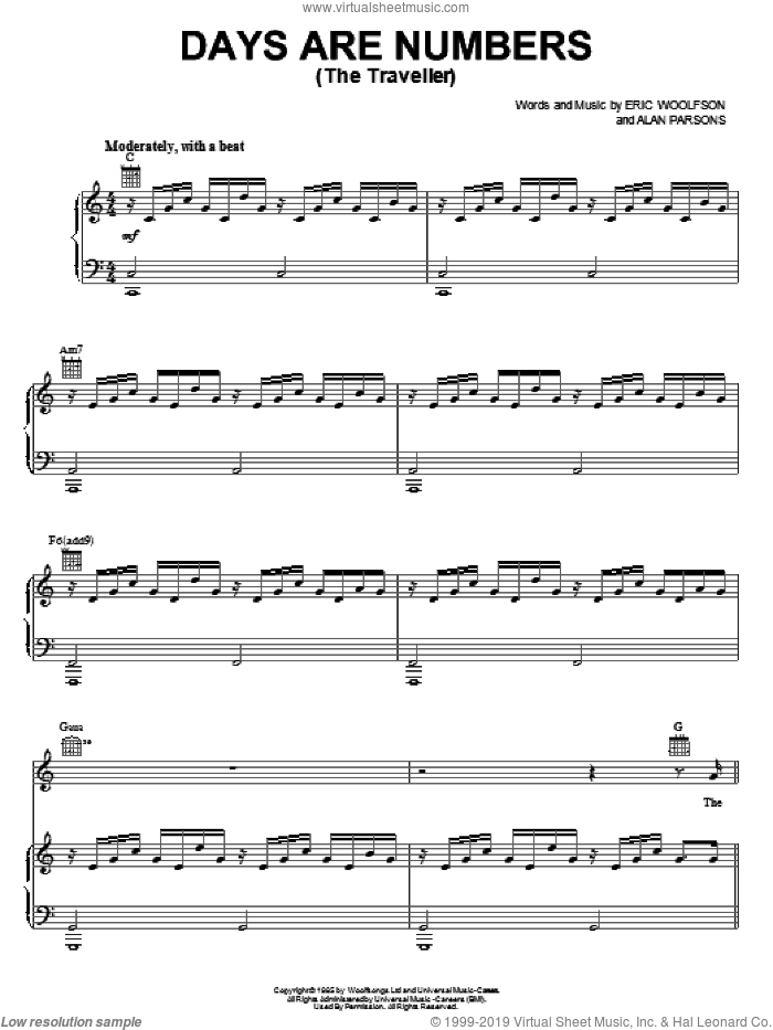 Days Are Numbers sheet music for voice, piano or guitar by Alan Parsons Project, Alan Parsons and Eric Woolfson, intermediate skill level