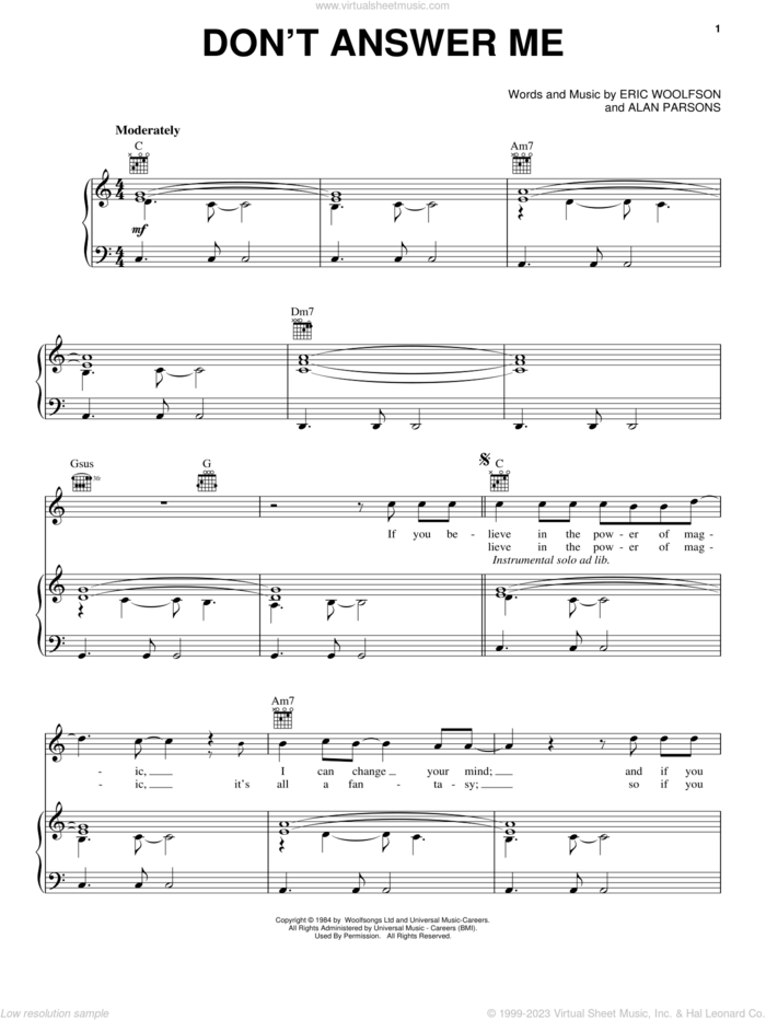 Don't Answer Me sheet music for voice, piano or guitar by Alan Parsons Project, Alan Parsons and Eric Woolfson, intermediate skill level