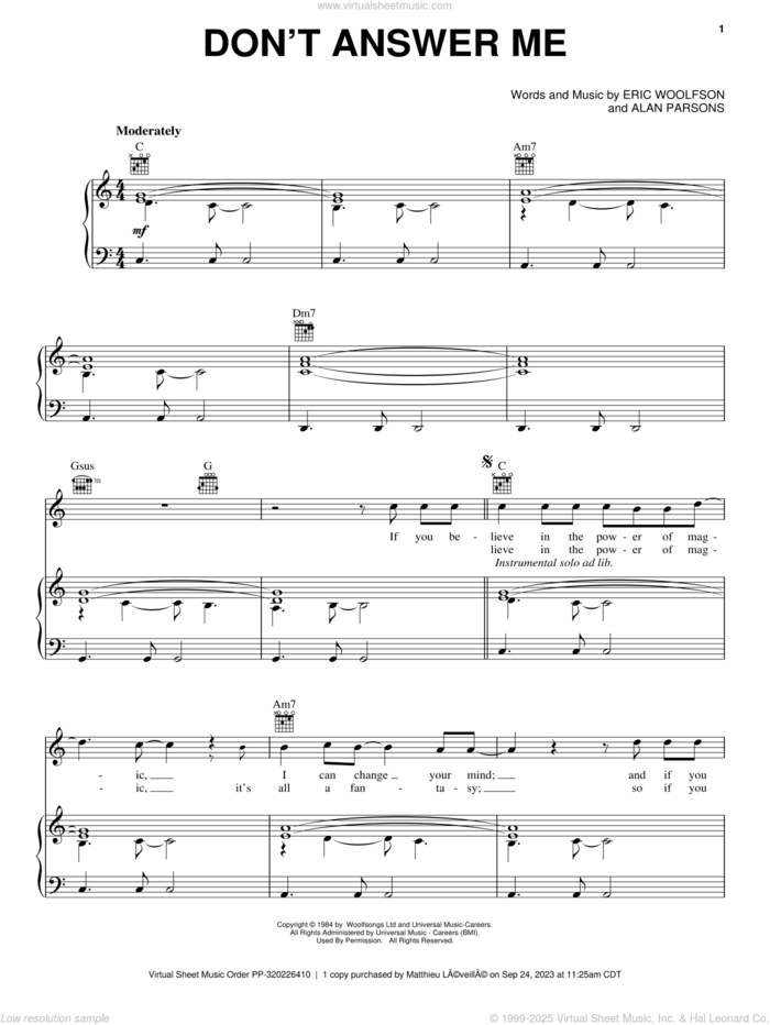 Don't Answer Me sheet music for voice, piano or guitar by Alan Parsons Project, Alan Parsons and Eric Woolfson, intermediate skill level