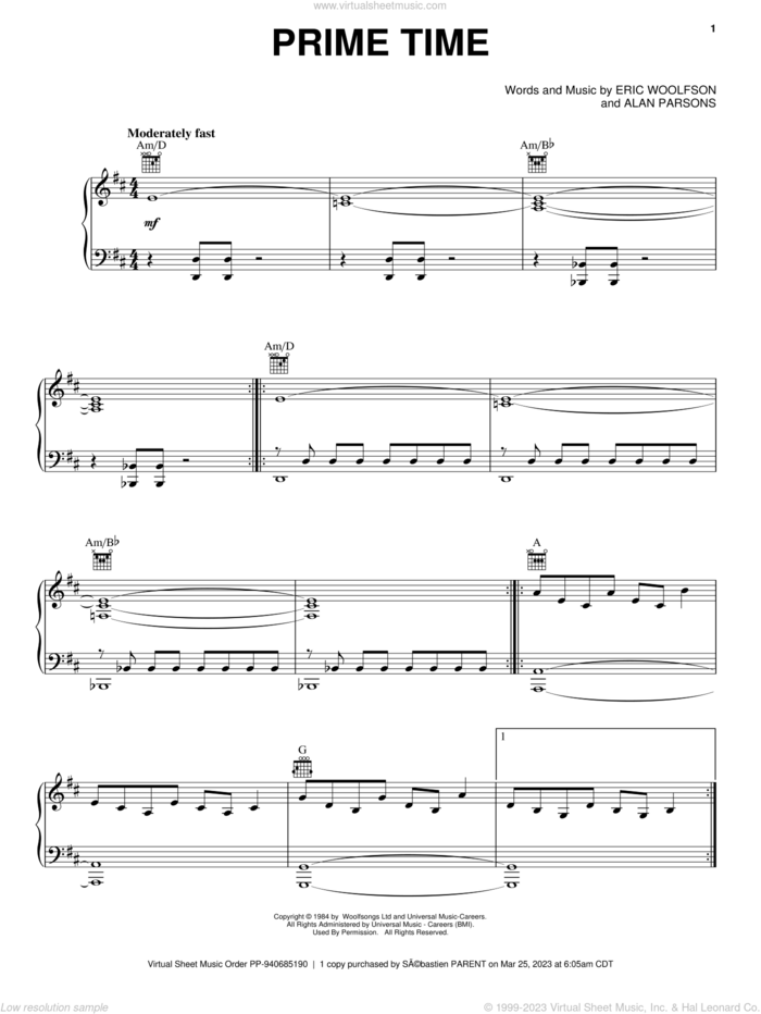 Prime Time sheet music for voice, piano or guitar by Alan Parsons Project, Alan Parsons and Eric Woolfson, intermediate skill level
