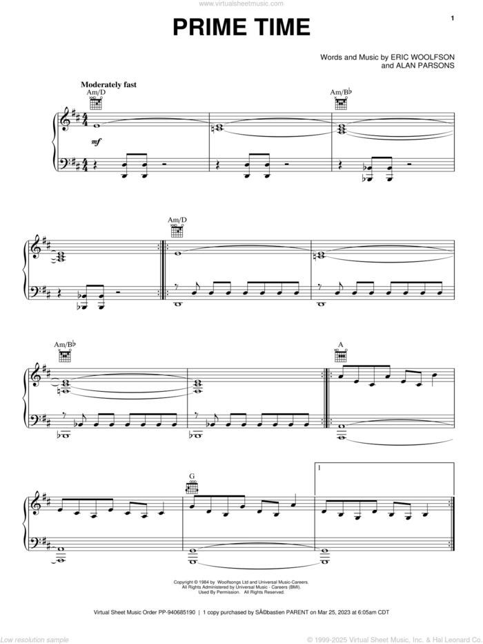 Prime Time sheet music for voice, piano or guitar by Alan Parsons Project, Alan Parsons and Eric Woolfson, intermediate skill level