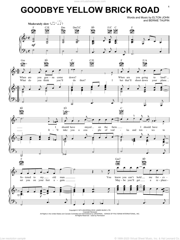 Goodbye Yellow Brick Road sheet music for voice, piano or guitar by Elton John and Bernie Taupin, intermediate skill level