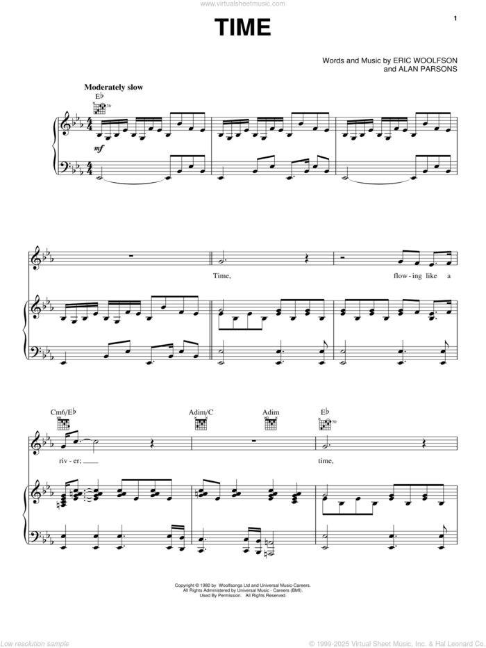 Time sheet music for voice, piano or guitar by Alan Parsons Project, Alan Parsons and Eric Woolfson, intermediate skill level