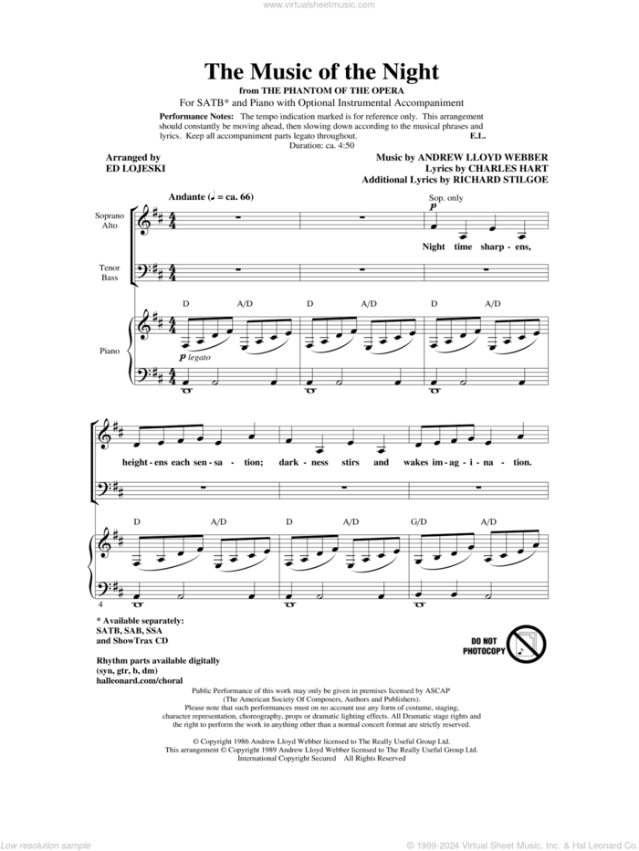 The Music Of The Night (from The Phantom Of The Opera) sheet music for choir (SATB: soprano, alto, tenor, bass) by Andrew Lloyd Webber, Charles Hart, Richard Stilgoe and Ed Lojeski, intermediate skill level