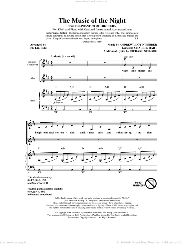 The Music Of The Night (from The Phantom Of The Opera) sheet music for choir (SSA: soprano, alto) by Andrew Lloyd Webber, Charles Hart, Richard Stilgoe and Ed Lojeski, intermediate skill level