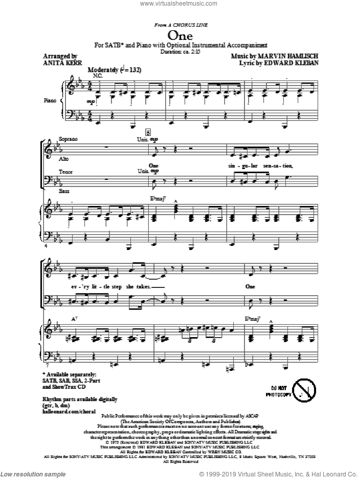 One (from A Chorus Line) sheet music for choir (SATB: soprano, alto, tenor, bass) by Marvin Hamlisch, Edward Kleban and Anita Kerr, intermediate skill level