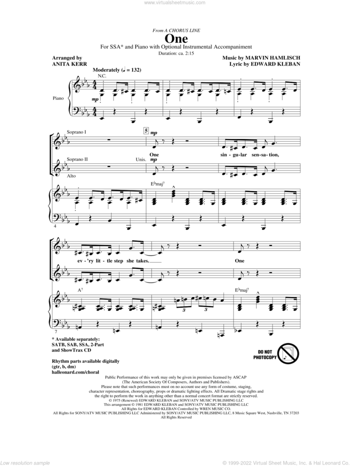 One (from A Chorus Line) sheet music for choir (SSA: soprano, alto) by Marvin Hamlisch, Edward Kleban and Anita Kerr, intermediate skill level