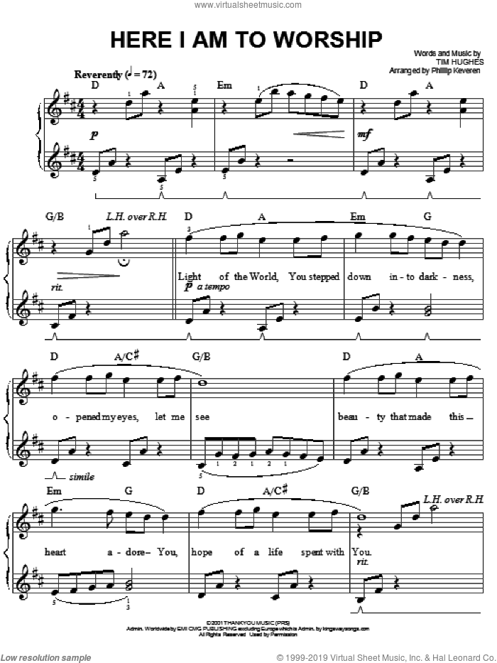 Here I Am To Worship (arr. Phillip Keveren) sheet music for piano solo by Phillips, Craig & Dean, Phillip Keveren and Tim Hughes, easy skill level