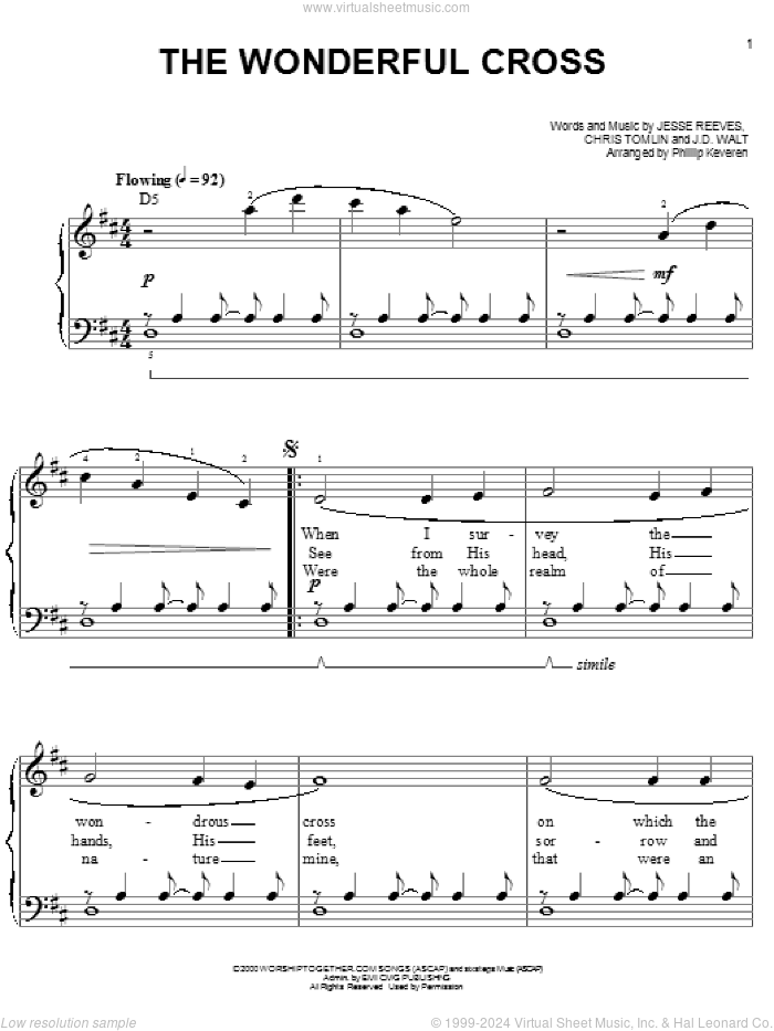 The Wonderful Cross (arr. Phillip Keveren) sheet music for piano solo by Chris Tomlin, Phillip Keveren, Phillips, Craig & Dean, J.D. Walt and Jesse Reeves, easy skill level