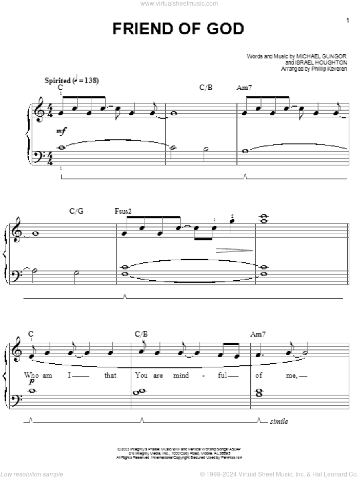Friend Of God (arr. Phillip Keveren) sheet music for piano solo by Israel Houghton, Phillip Keveren and Michael Gungor, easy skill level