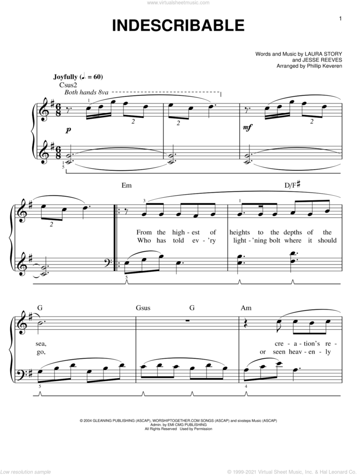 Indescribable (arr. Phillip Keveren) sheet music for piano solo by Chris Tomlin, Phillip Keveren, Jesse Reeves and Laura Story, easy skill level