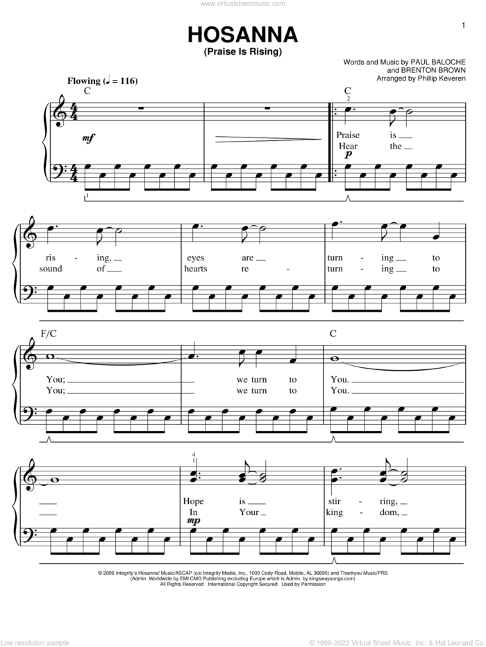 Hosanna (Praise Is Rising) (arr. Phillip Keveren) sheet music for piano solo by Paul Baloche, Phillip Keveren and Brenton Brown, easy skill level