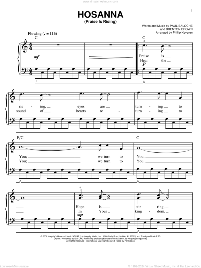 Hosanna (Praise Is Rising) (arr. Phillip Keveren) sheet music for piano solo by Paul Baloche, Phillip Keveren and Brenton Brown, easy skill level