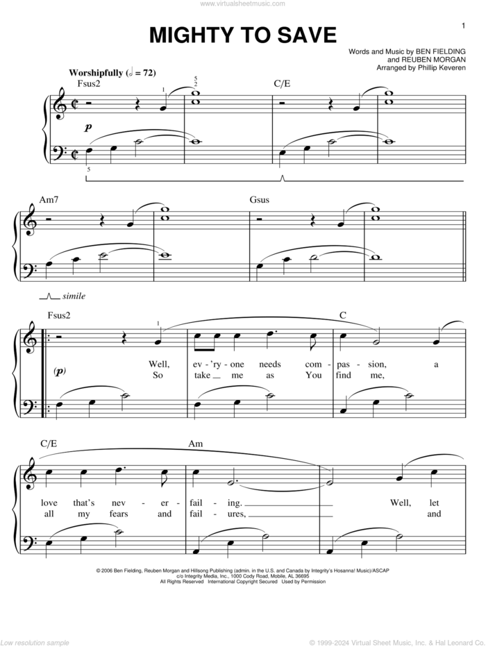 Mighty To Save (arr. Phillip Keveren) sheet music for piano solo by Hillsong Worship, Phillip Keveren, Ben Fielding and Reuben Morgan, easy skill level