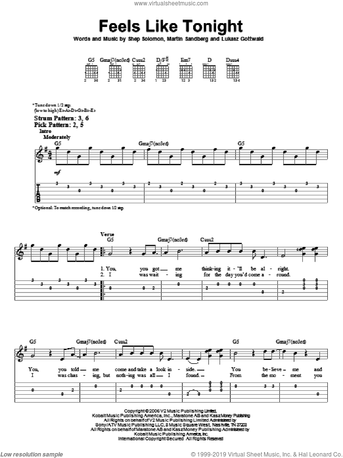 Feels Like Tonight sheet music for guitar solo (easy tablature) by Daughtry, Lukasz Gottwald, Martin Sandberg and Sheppard Solomon, easy guitar (easy tablature)