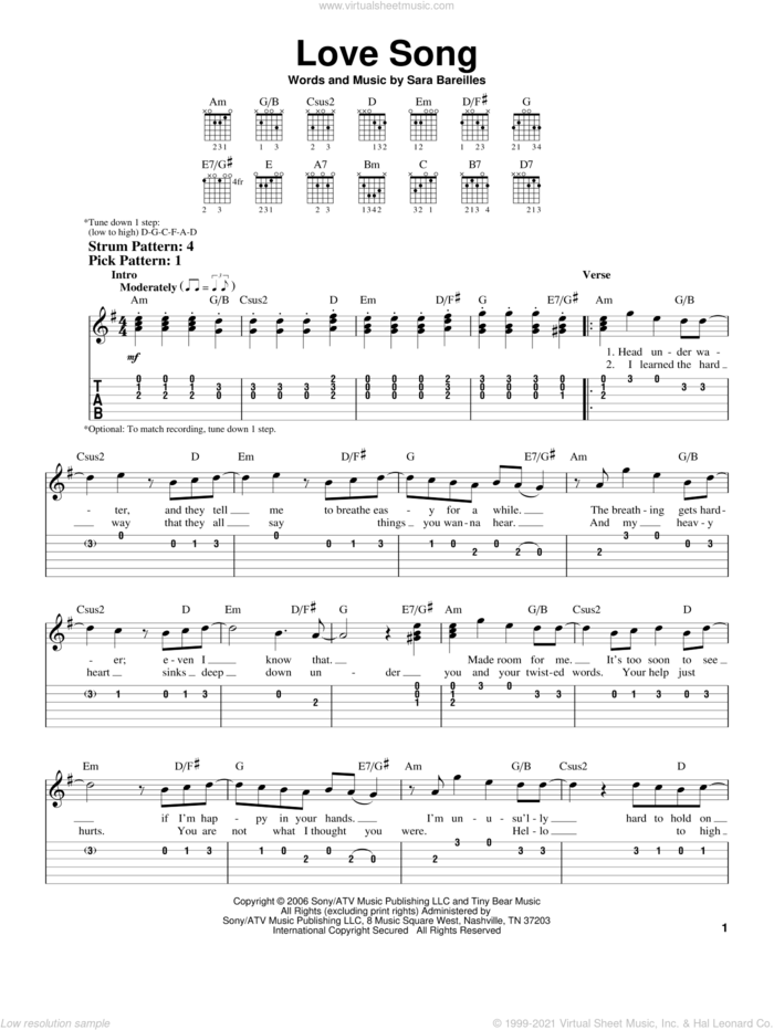 Love Song sheet music for guitar solo (easy tablature) by Sara Bareilles, easy guitar (easy tablature)