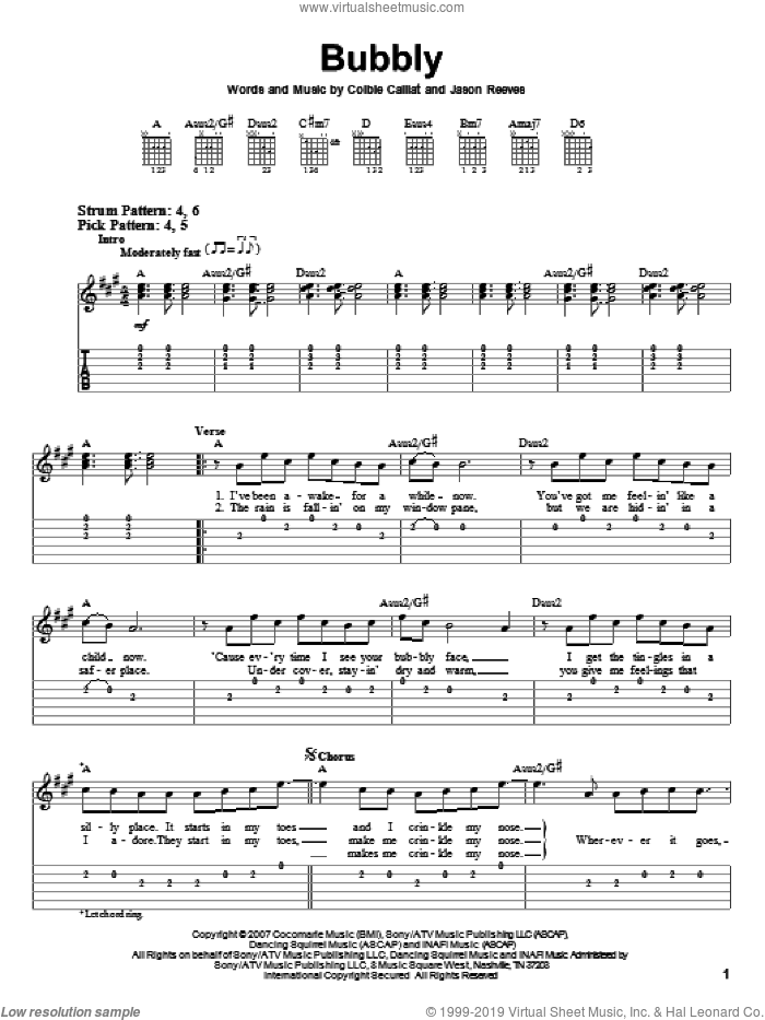 Bubbly sheet music for guitar solo (easy tablature) by Colbie Caillat and Jason Reeves, easy guitar (easy tablature)