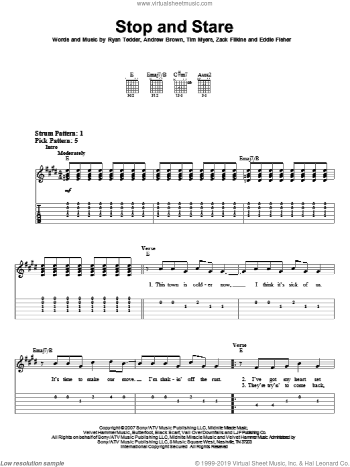 Stop And Stare sheet music for guitar solo (easy tablature) by OneRepublic, Andrew Brown, Eddie Fisher, Ryan Tedder, Tim Myers and Zack Filkins, easy guitar (easy tablature)