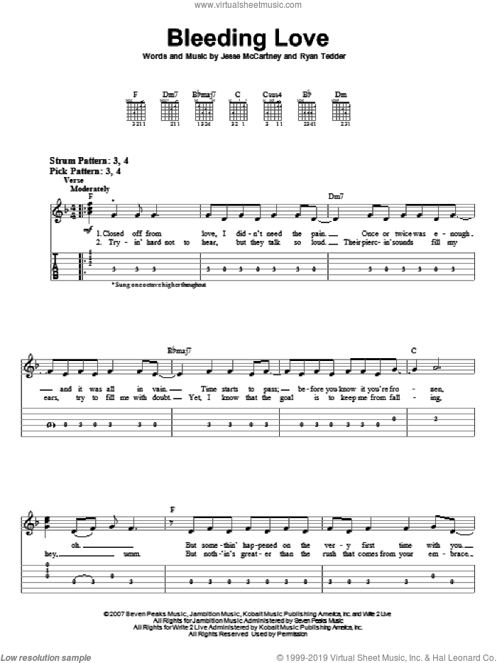 Bleeding Love sheet music for guitar solo (easy tablature) by Leona Lewis, Jesse McCartney and Ryan Tedder, easy guitar (easy tablature)