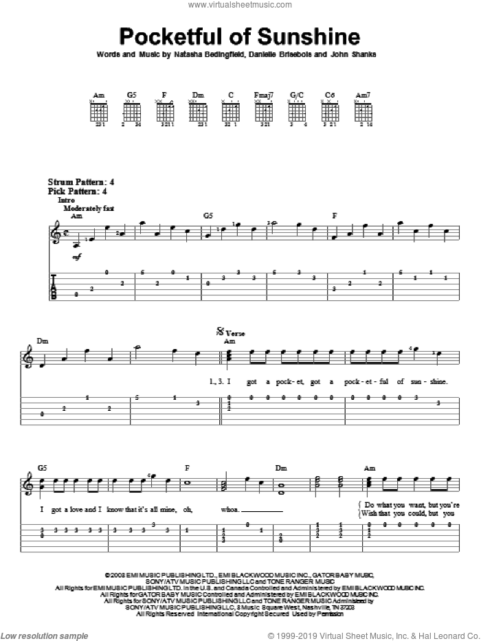 Pocketful Of Sunshine sheet music for guitar solo (easy tablature) by Natasha Bedingfield, Danielle Brisbois and John Shanks, easy guitar (easy tablature)