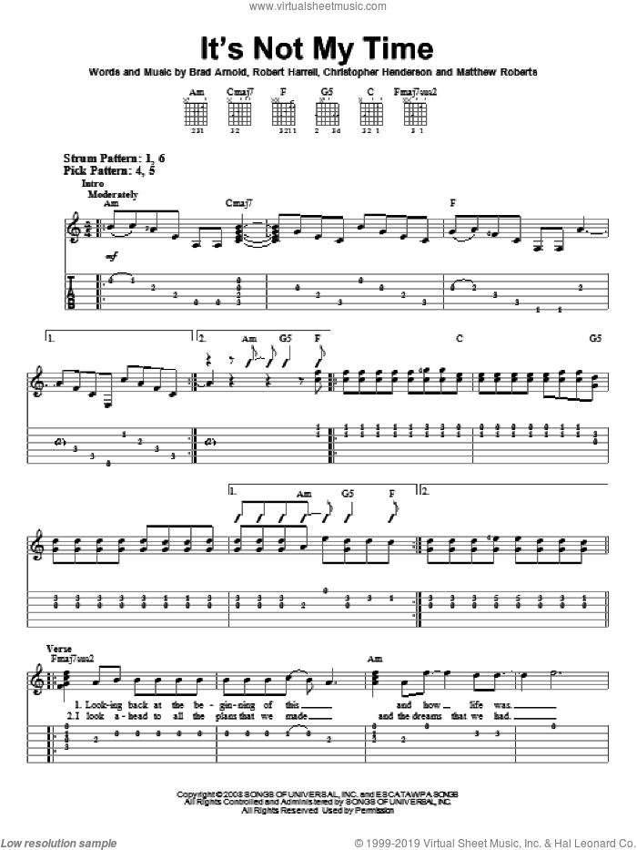 It's Not My Time sheet music for guitar solo (easy tablature) by 3 Doors Down, Brad Arnold, Christopher Henderson, Matthew Roberts and Robert Harrell, easy guitar (easy tablature)