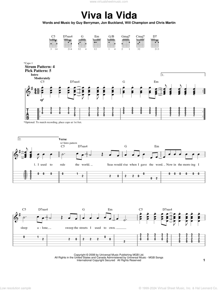 Viva La Vida sheet music for guitar solo (easy tablature) by Coldplay, Chris Martin, Guy Berryman, Jon Buckland and Will Champion, easy guitar (easy tablature)