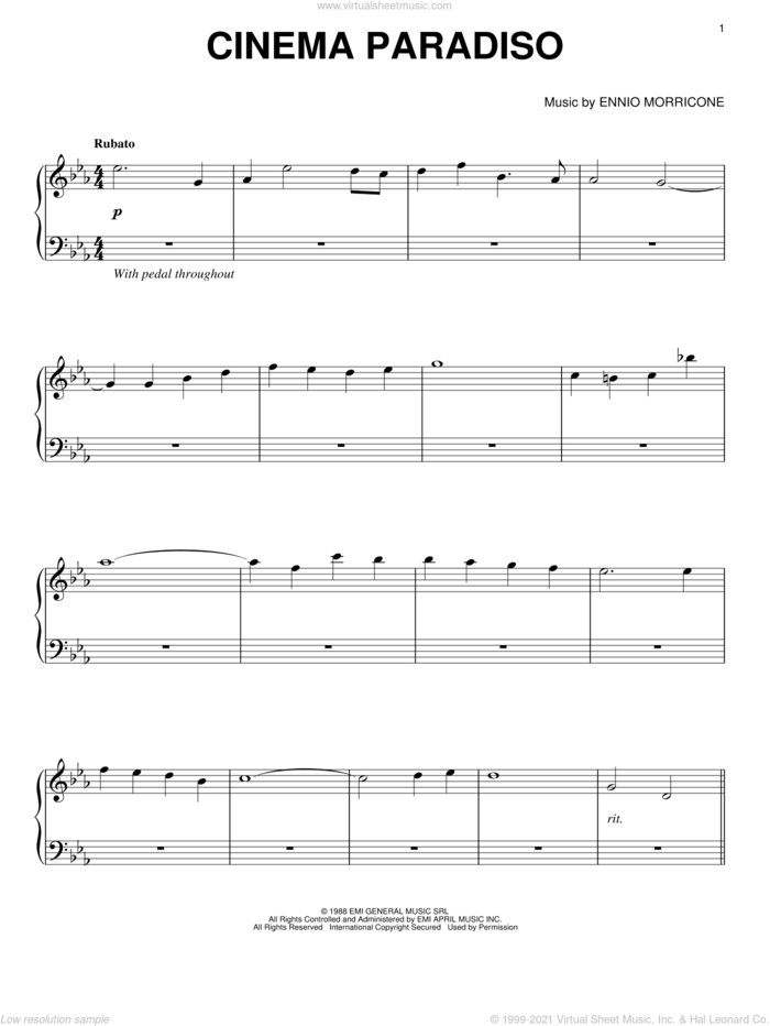 Cinema Paradiso (arr. Phillip Keveren) sheet music for piano solo by Ennio Morricone and William Joseph, classical score, intermediate skill level