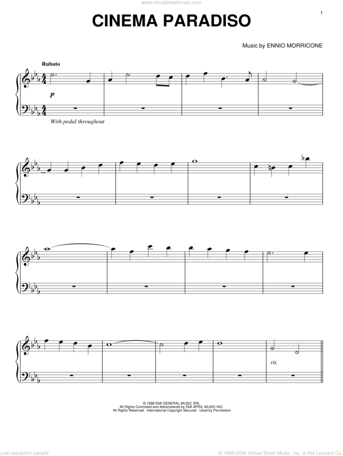 Cinema Paradiso sheet music for piano solo by Ennio Morricone and William Joseph, classical score, intermediate skill level