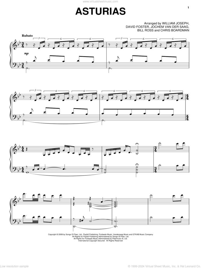 Asturias sheet music for piano solo by William Joseph, Bill Ross, Chris Boardman, David Foster and Jochem Van Der Saag, intermediate skill level