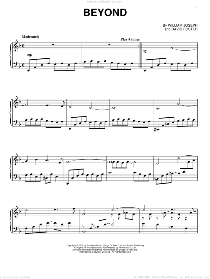 Beyond, (intermediate) sheet music for piano solo by William Joseph and David Foster, intermediate skill level