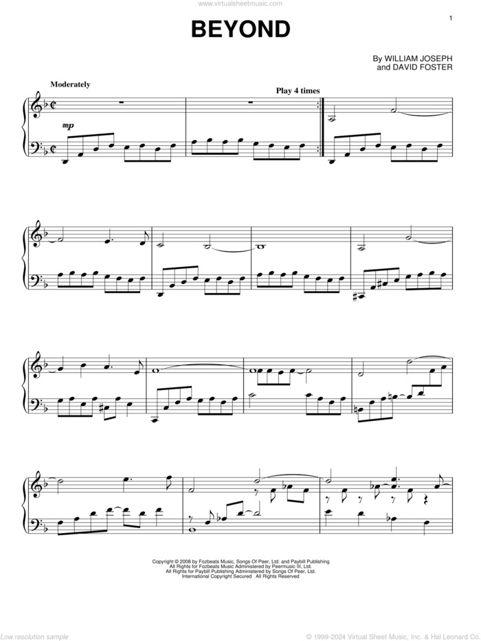 Beyond, (intermediate) sheet music for piano solo by William Joseph and David Foster, intermediate skill level