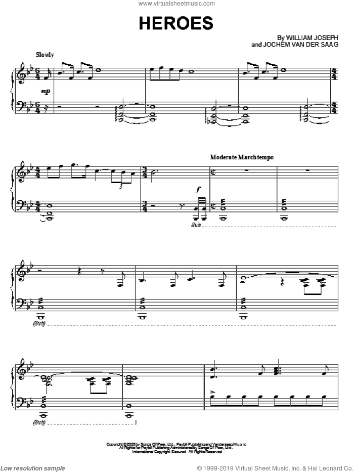 Heroes sheet music for piano solo by William Joseph and Jochem Van Der Saag, intermediate skill level