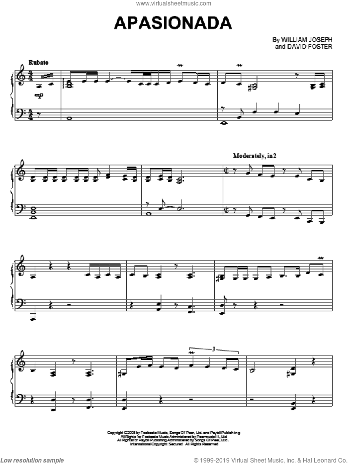 Apasionada sheet music for piano solo by William Joseph and David Foster, intermediate skill level