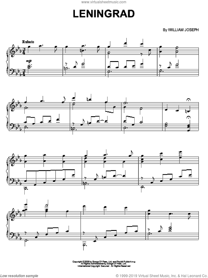 Leningrad sheet music for piano solo by William Joseph, intermediate skill level