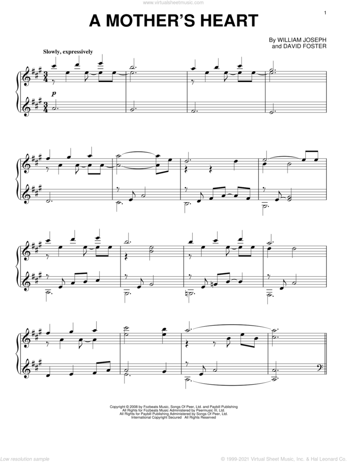 A Mother's Heart sheet music for piano solo by William Joseph and David Foster, intermediate skill level
