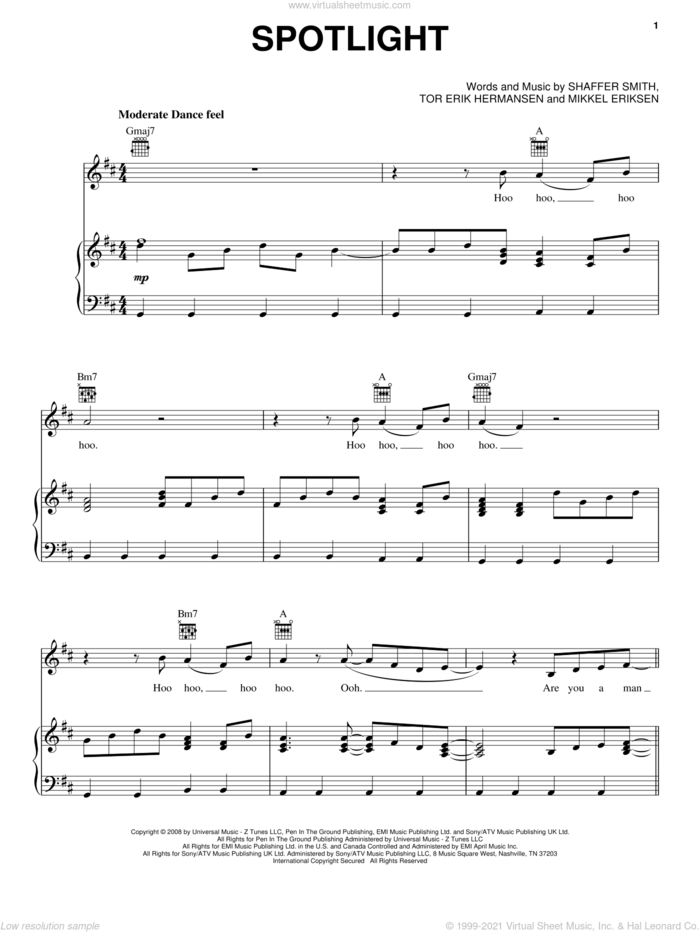 Spotlight sheet music for voice, piano or guitar by Jennifer Hudson, Mikkel Eriksen, Shaffer Smith and Tor Erik Hermansen, intermediate skill level