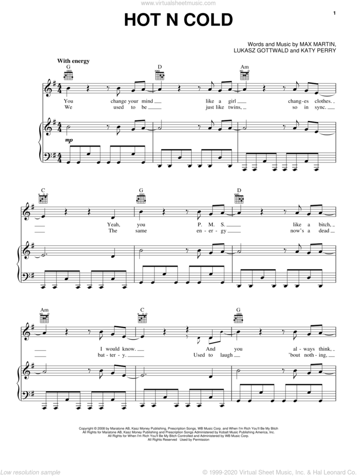 Hot N Cold sheet music for voice, piano or guitar by Katy Perry, Alvin And The Chipmunks: The Squeakquel (Movie), Lukasz Gottwald and Max Martin, intermediate skill level