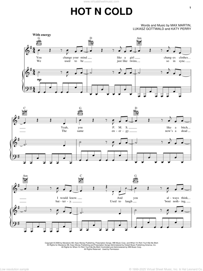 Hot N Cold sheet music for voice, piano or guitar by Katy Perry, Alvin And The Chipmunks: The Squeakquel (Movie), Lukasz Gottwald and Max Martin, intermediate skill level