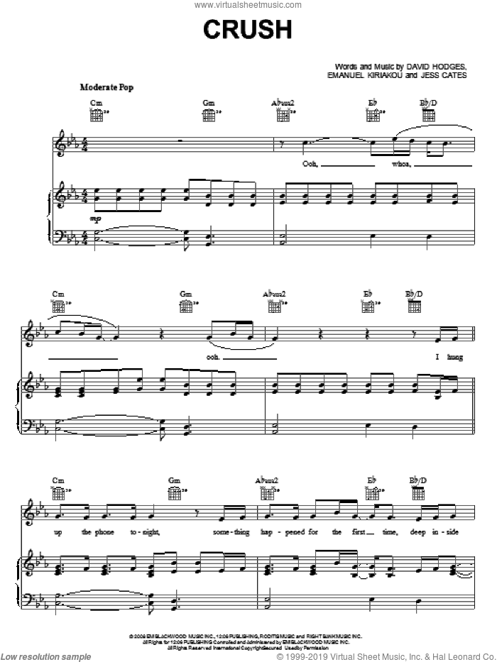 Crush sheet music for voice, piano or guitar by David Archuleta, American Idol, David Hodges, Emanual Kiriakou and Jess Cates, intermediate skill level