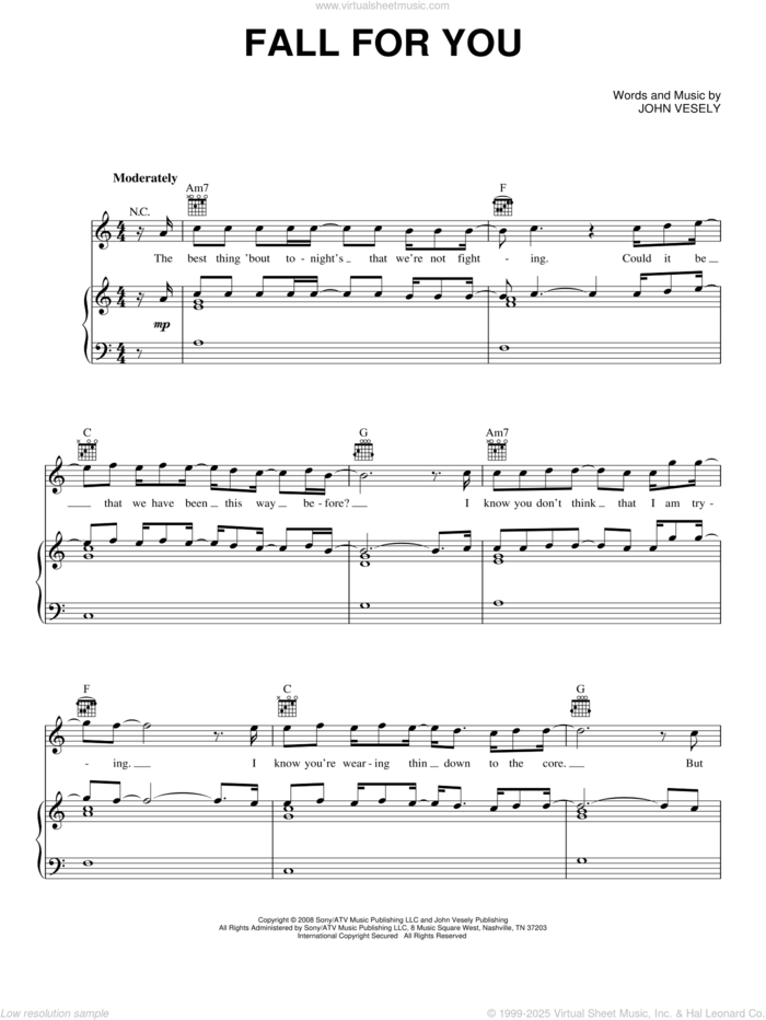 Fall For You sheet music for voice, piano or guitar by Secondhand Serenade and John Vesely, intermediate skill level