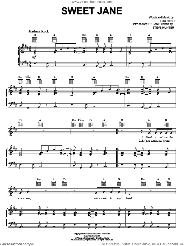 Sweet Jane sheet music for voice, piano or guitar by The Velvet Underground, Cowboy Junkies and Lou Reed, intermediate skill level