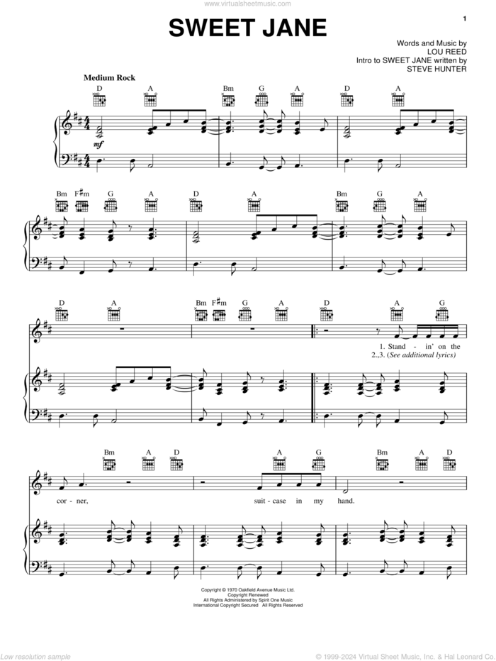 Sweet Jane sheet music for voice, piano or guitar by The Velvet Underground, Cowboy Junkies and Lou Reed, intermediate skill level