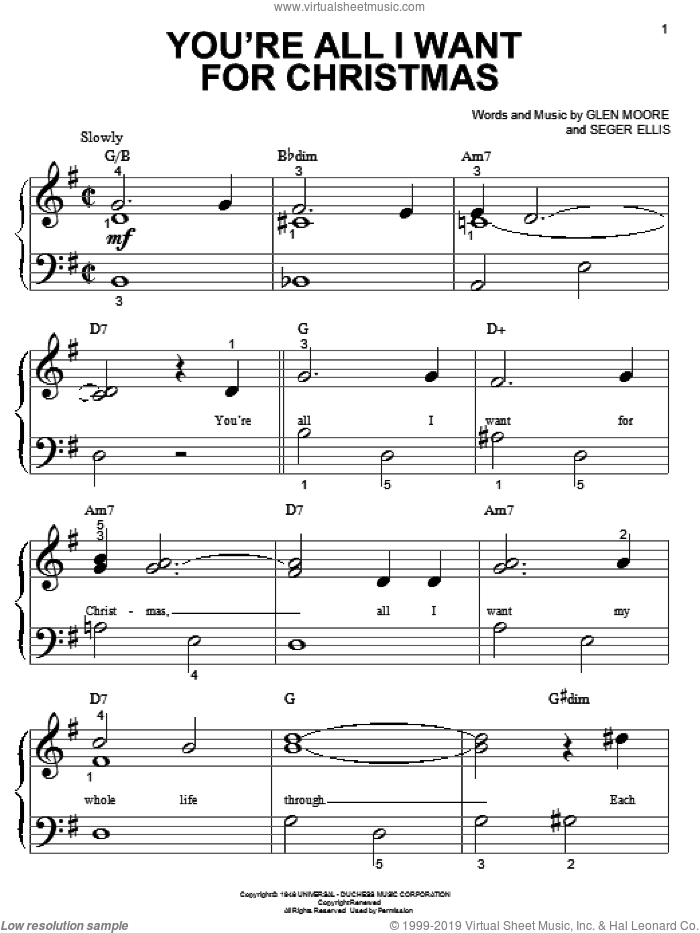 You're All I Want For Christmas sheet music for piano solo (big note book) by Brook Benton, Glen Moore and Seger Ellis, easy piano (big note book)