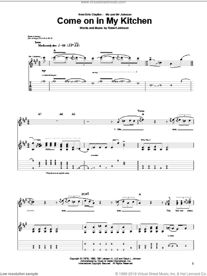 Come On In My Kitchen sheet music for guitar (tablature) by Eric Clapton and Robert Johnson, intermediate skill level
