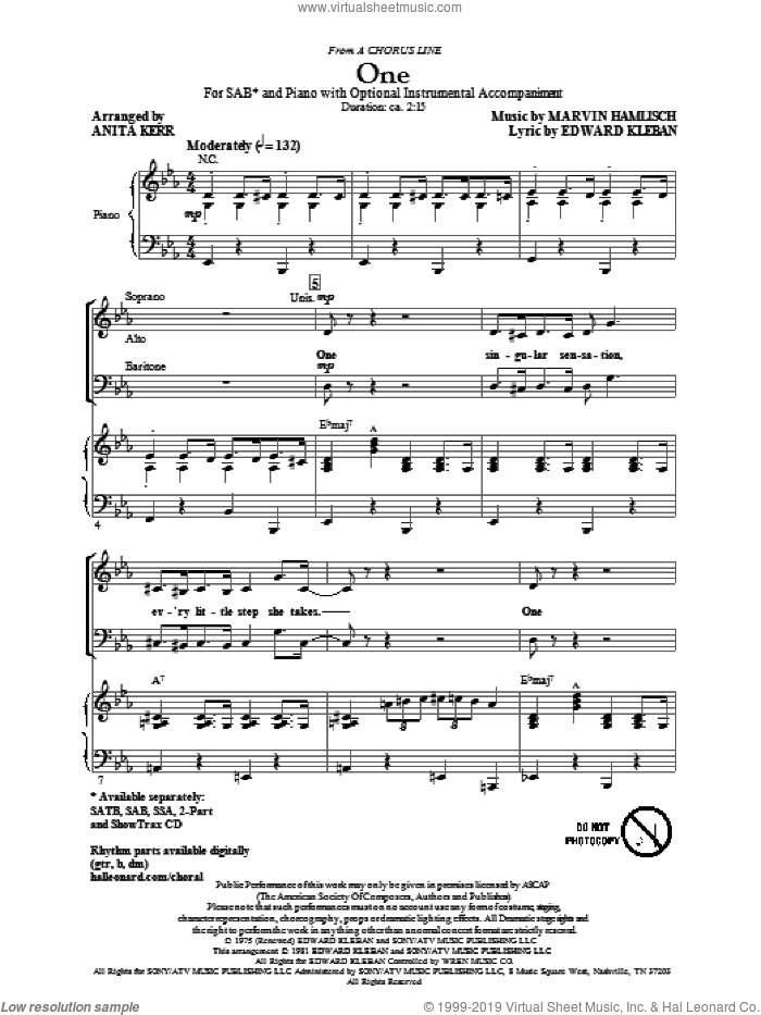 One (from A Chorus Line) sheet music for choir (SAB: soprano, alto, bass) by Marvin Hamlisch, Edward Kleban and Anita Kerr, intermediate skill level