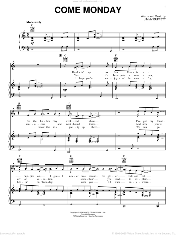 Come Monday sheet music for voice, piano or guitar by Jimmy Buffett, intermediate skill level