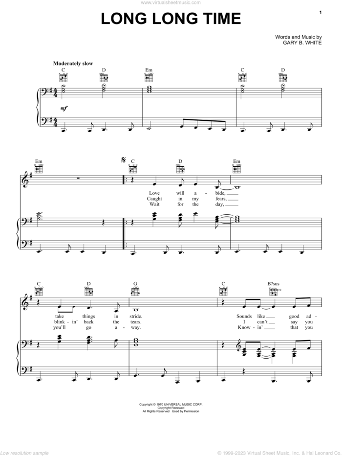 Long Long Time sheet music for voice, piano or guitar by Linda Ronstadt, Mindy McCready and Gary B. White, intermediate skill level