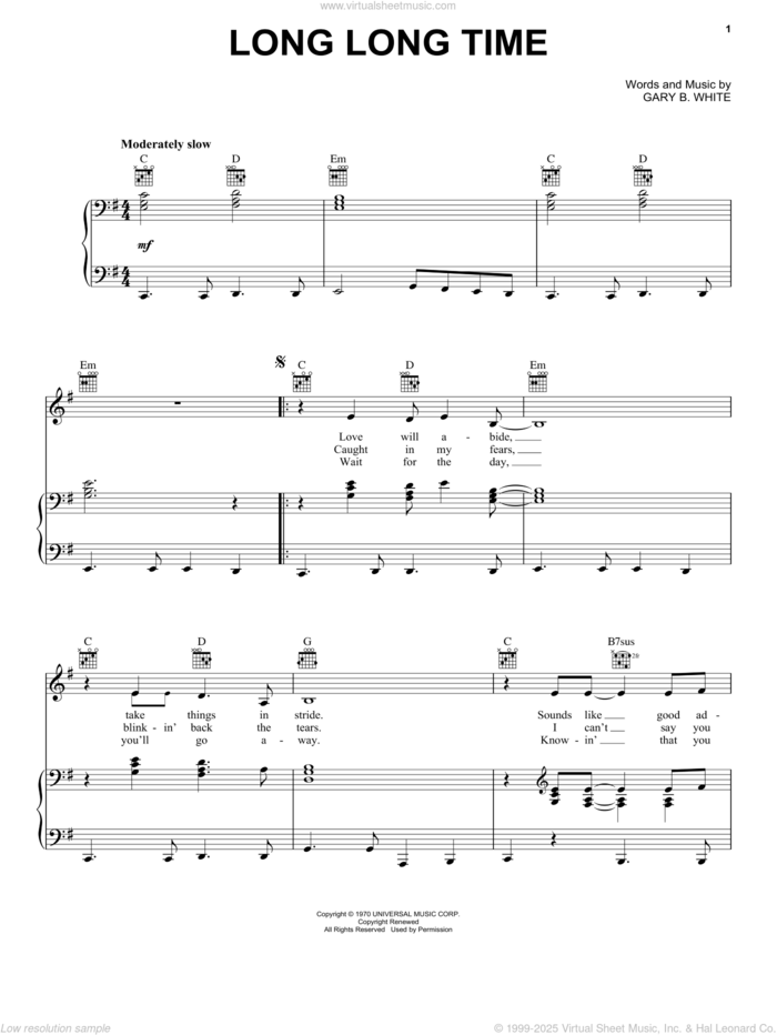 Long Long Time sheet music for voice, piano or guitar by Linda Ronstadt, Mindy McCready and Gary B. White, intermediate skill level